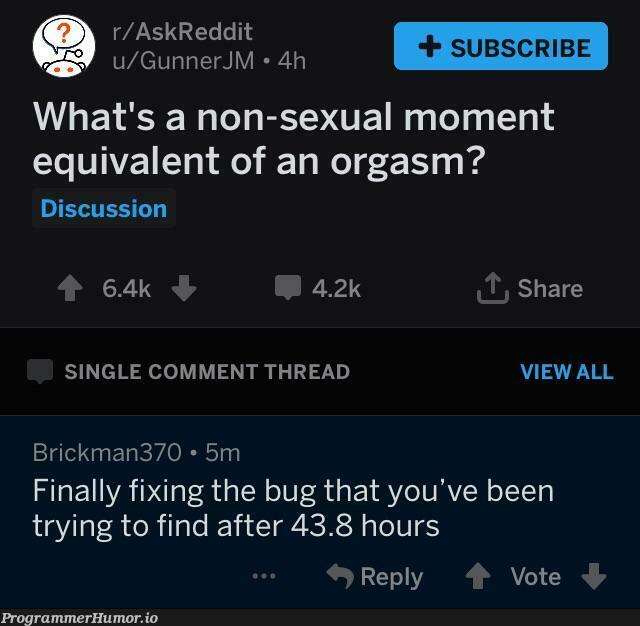 Programmer orgasm | programmer-memes, program-memes, try-memes, bug-memes, fix-memes, reddit-memes, comment-memes | ProgrammerHumor.io