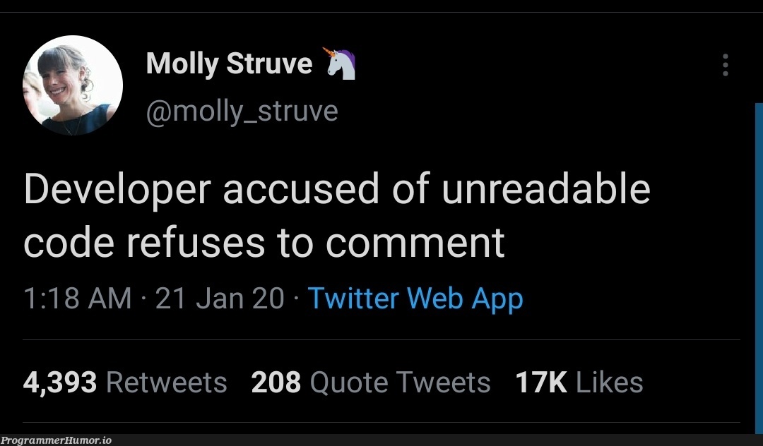 "Refuses to comment" | developer-memes, code-memes, web-memes, twitter-memes, retweet-memes, comment-memes | ProgrammerHumor.io