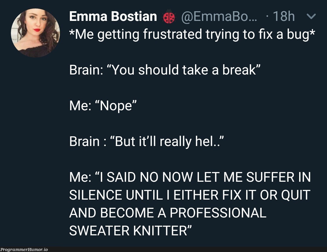 I guess I'll probably have to become a sweater knitter... | try-memes, bug-memes, fix-memes, IT-memes | ProgrammerHumor.io