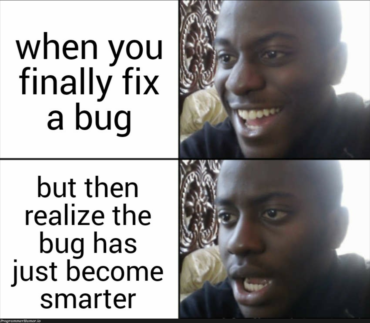 When you finally fix a bug... | bug-memes, fix-memes | ProgrammerHumor.io