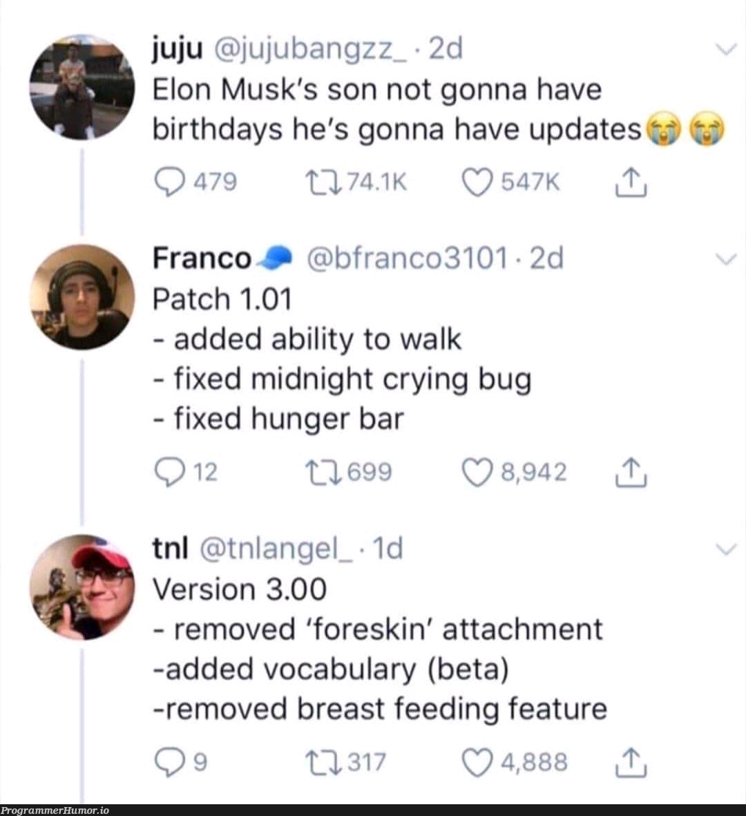 Updates to Elon.child | bug-memes, version-memes, date-memes, fix-memes, feature-memes | ProgrammerHumor.io