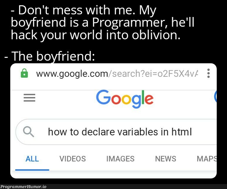 Is he a Programmer? If yes, where did the girlfriend come from? ... | programmer-memes, html-memes, variables-memes, program-memes, google-memes, image-memes, ide-memes, ML-memes | ProgrammerHumor.io