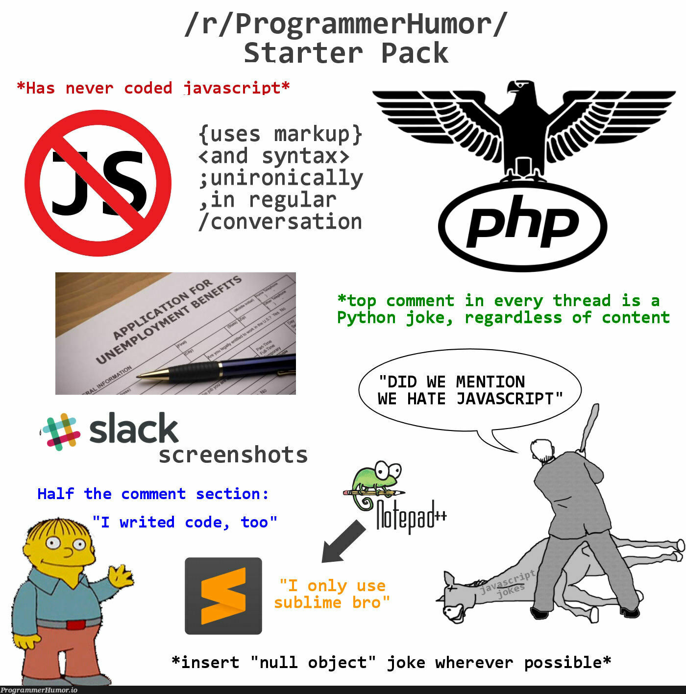 Programmer Humor Starter pack | programmer-memes, javascript-memes, code-memes, java-memes, python-memes, program-memes, slack-memes, object-memes, comment-memes | ProgrammerHumor.io