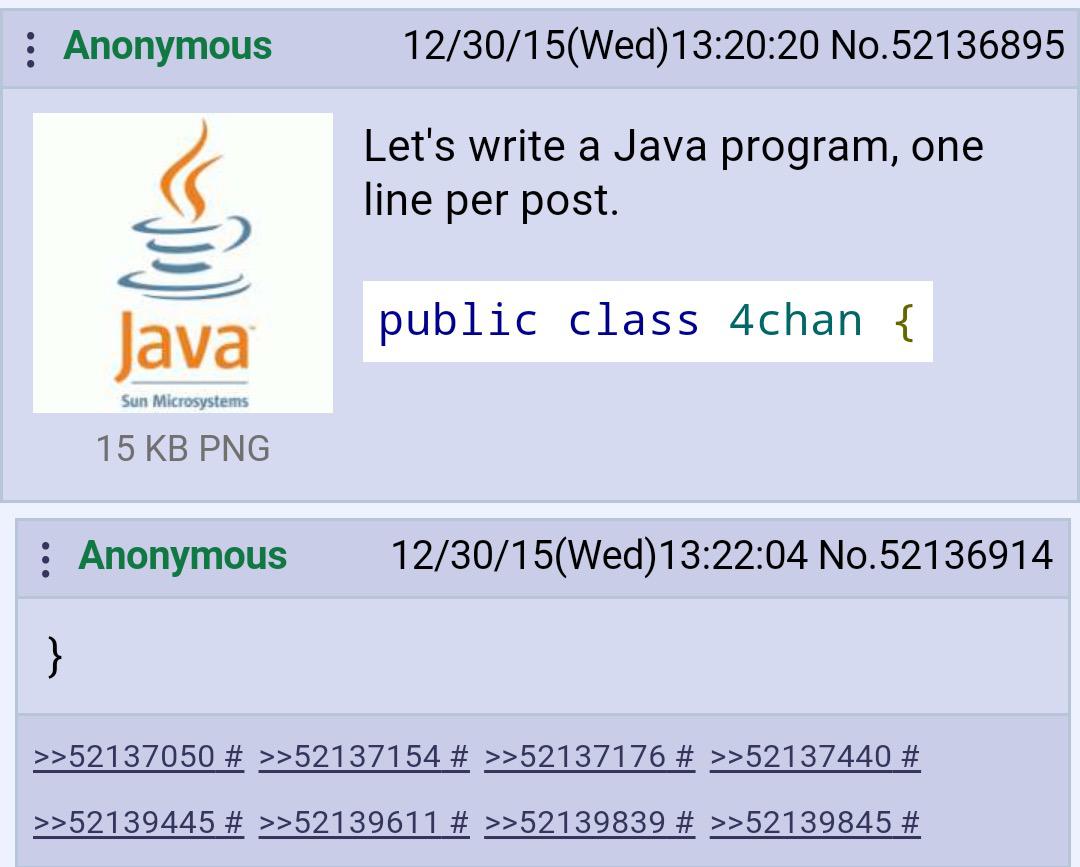 Absolute brilliance brought to you by the hackers at 4chan | java-memes, hacker-memes, program-memes, class-memes, public-memes | ProgrammerHumor.io