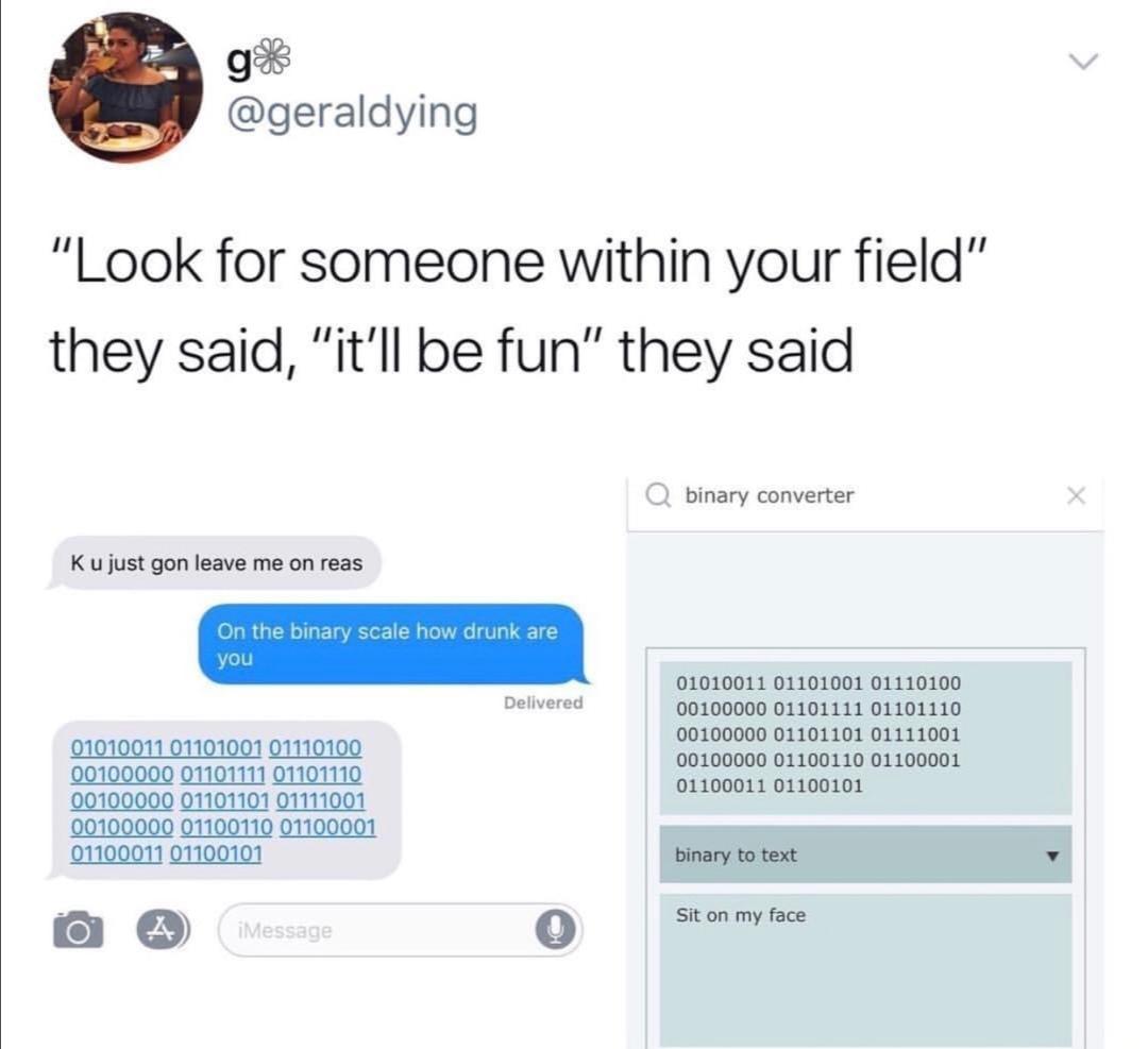 No binary flirting gf y live | binary-memes | ProgrammerHumor.io