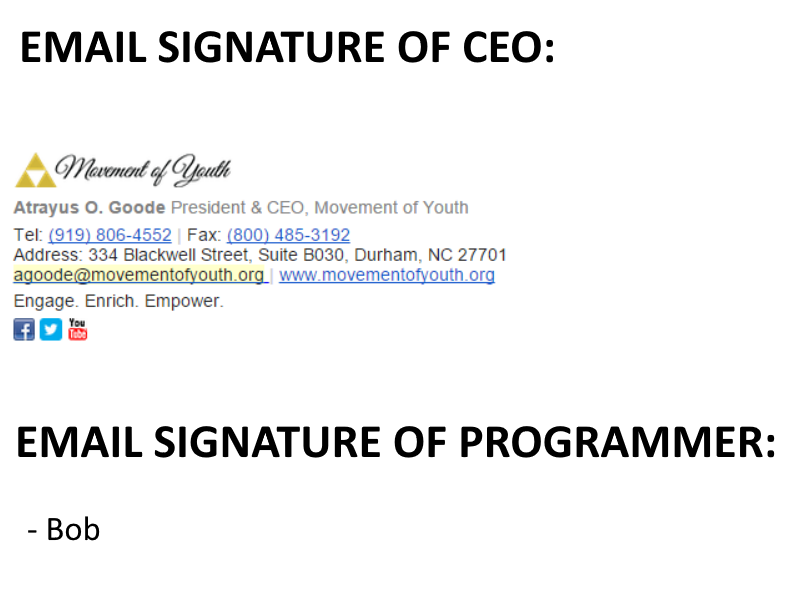 Email signature of CEO vs programmer | programmer-memes, program-memes, email-memes, ide-memes | ProgrammerHumor.io