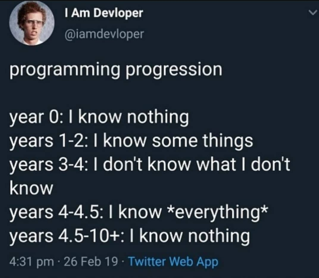 Programming progression be like | programming-memes, web-memes, program-memes, twitter-memes | ProgrammerHumor.io