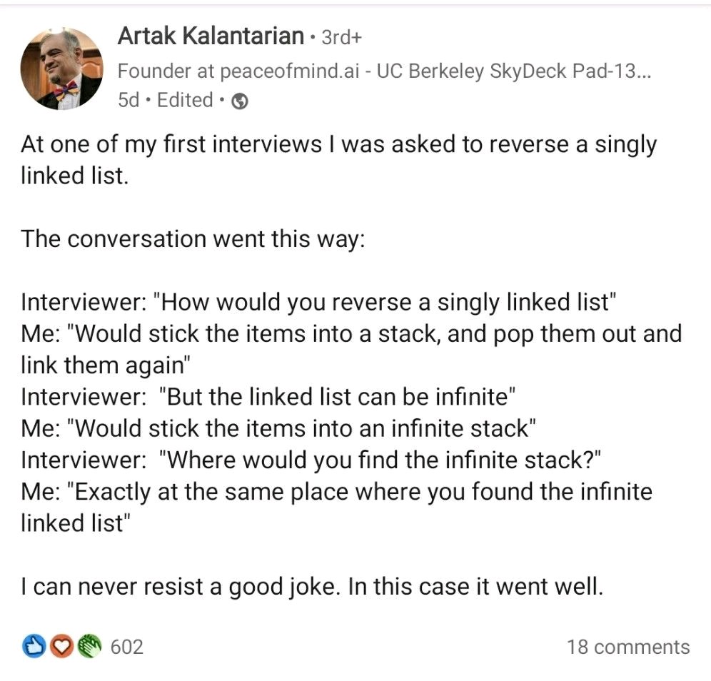 Honest interview 😂😂😂 | stack-memes, linked list-memes, list-memes, IT-memes, comment-memes, infinite-memes, interview-memes | ProgrammerHumor.io