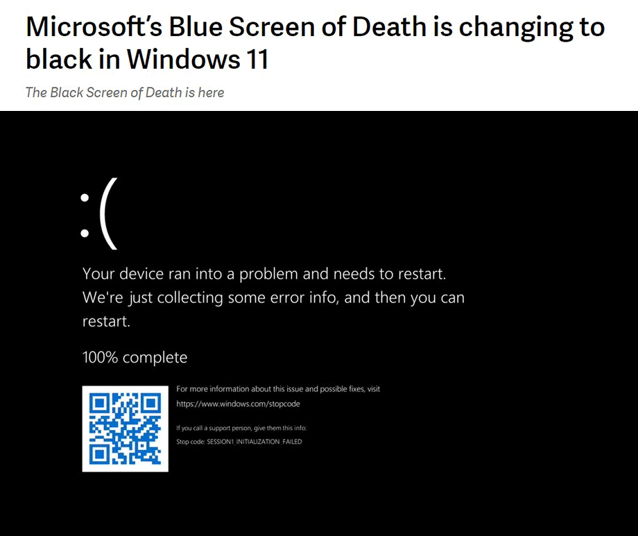 Technically windows removed the Blue screen of death. | tech-memes, windows-memes, rest-memes, error-memes, microsoft-memes | ProgrammerHumor.io