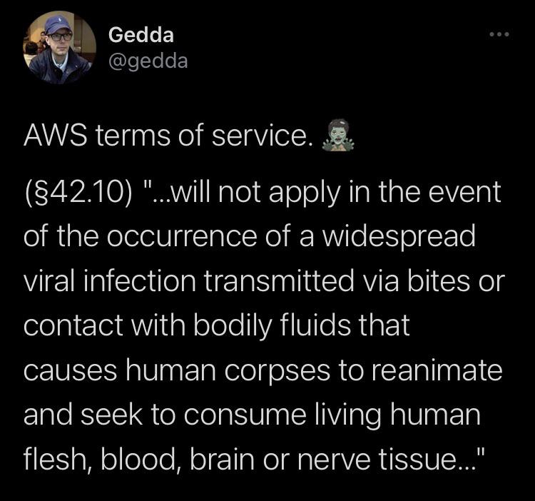 Should you really use AWS? They don’t even cover damages from a zombie apocalypse | aws-memes, ide-memes | ProgrammerHumor.io