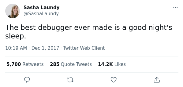 "The best debugger ever made is a good night's sleep." | web-memes, bug-memes, debug-memes, cli-memes, debugger-memes, twitter-memes, retweet-memes | ProgrammerHumor.io