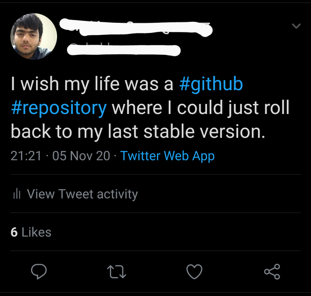 git reset --hard my_life | web-memes, git-memes, github-memes, version-memes, twitter-memes | ProgrammerHumor.io