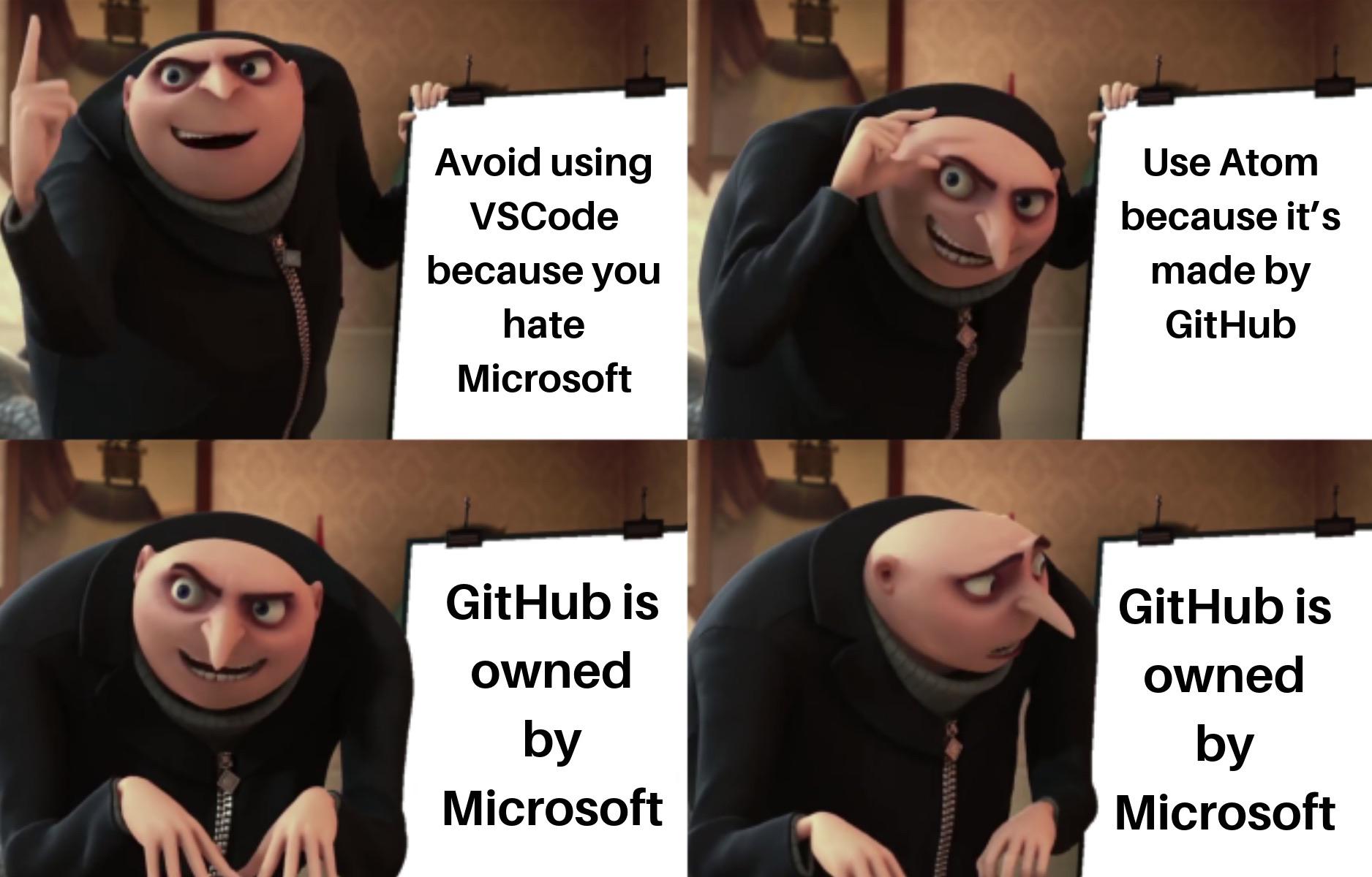 Microsoft 💚 Atom | code-memes, git-memes, github-memes, vscode-memes, microsoft-memes, atom-memes | ProgrammerHumor.io