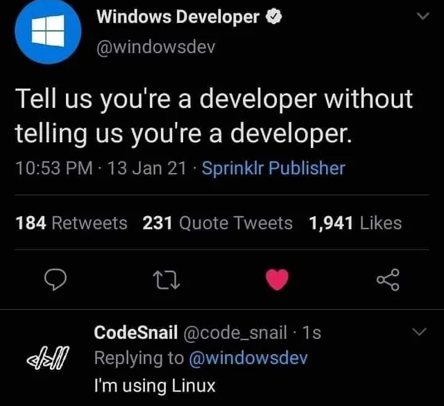 Windows developer.. | developer-memes, code-memes, linux-memes, ux-memes, windows-memes, retweet-memes | ProgrammerHumor.io