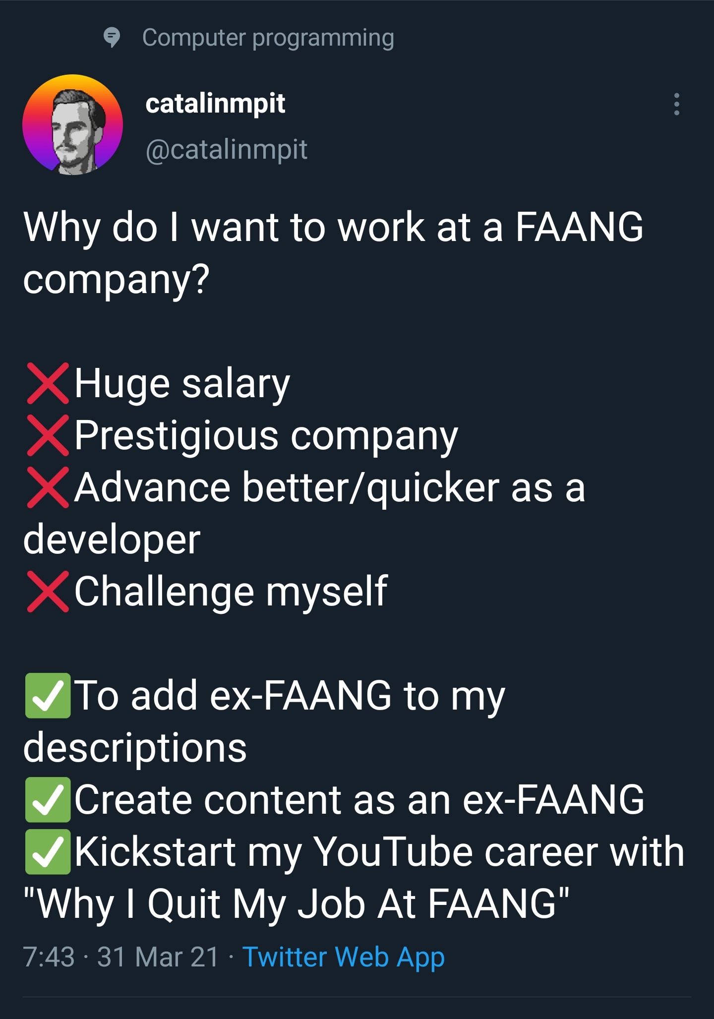 Literally every ex-FAANG employee gone YouTuber | programming-memes, developer-memes, computer-memes, web-memes, program-memes, rest-memes, twitter-memes, youtube-memes | ProgrammerHumor.io