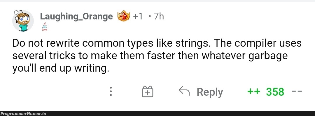 One of my favorite comments posted on this sub lol | string-memes, compiler-memes, comment-memes | ProgrammerHumor.io