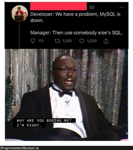 No worries, he's got your back | developer-memes, mysql-memes, sql-memes, manager-memes | ProgrammerHumor.io