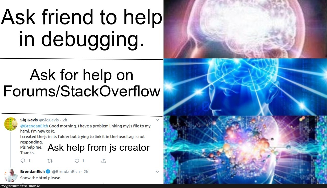 Thanks @BrendanEich for trying to help him debugging. | stackoverflow-memes, stack-memes, try-memes, debugging-memes, bug-memes, debug-memes, js-memes, overflow-memes, IT-memes | ProgrammerHumor.io