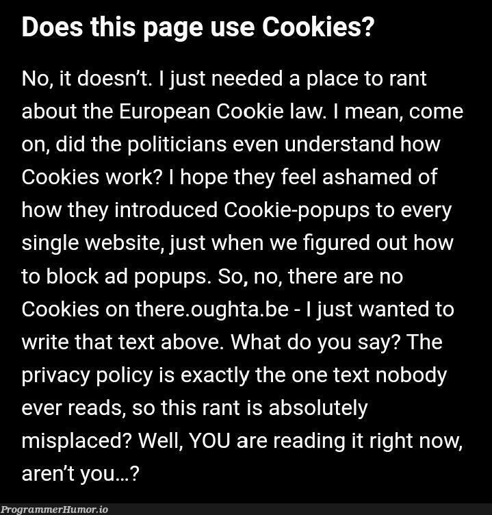 I wish my corp let me write something like this on privacy policy page😂😭 | web-memes, website-memes, loc-memes, lock-memes, IT-memes, cookie-memes | ProgrammerHumor.io