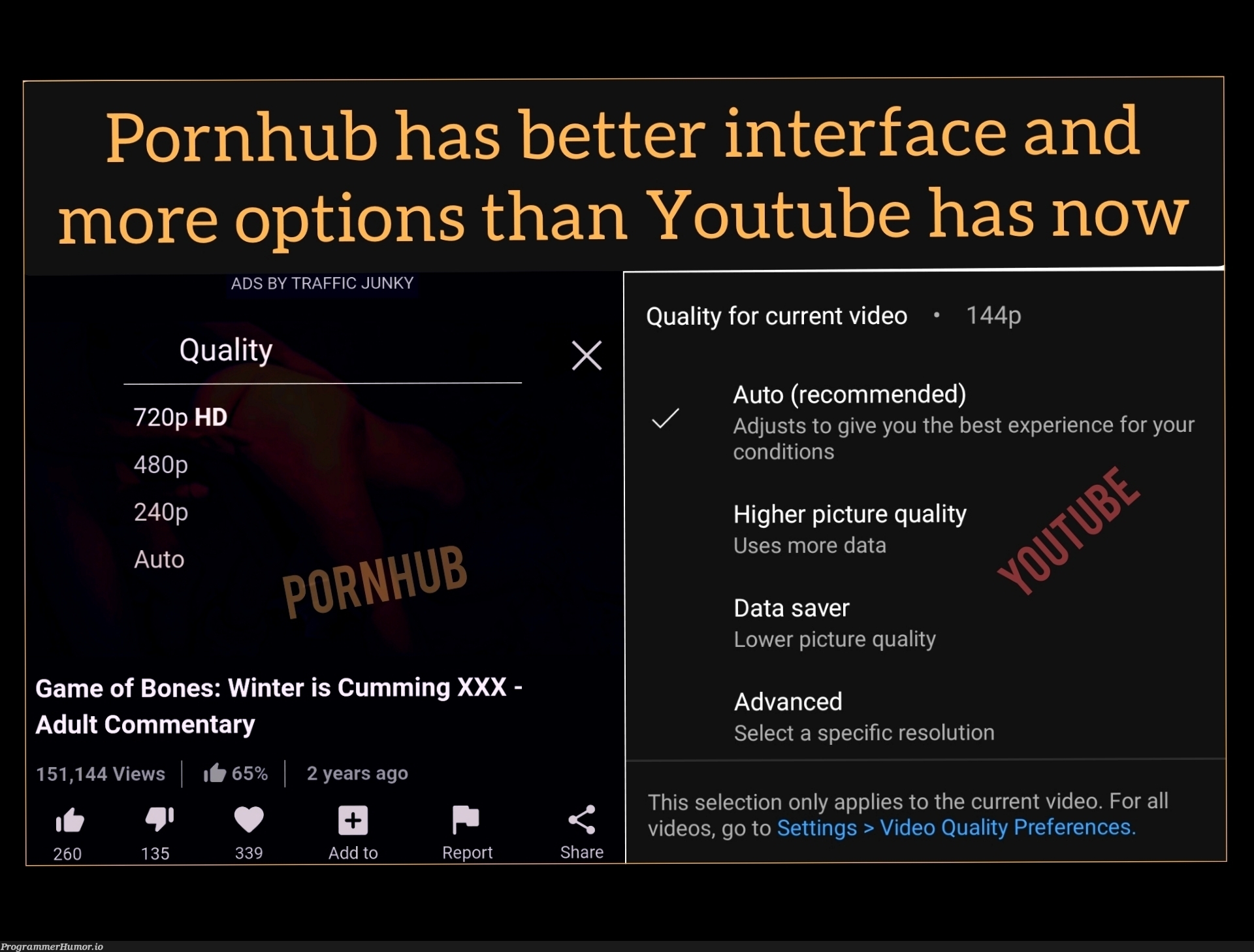 front end designers at youtube plz bring the old video quality selector back | design-memes, designer-memes, front end-memes, data-memes, ide-memes, comment-memes, youtube-memes | ProgrammerHumor.io