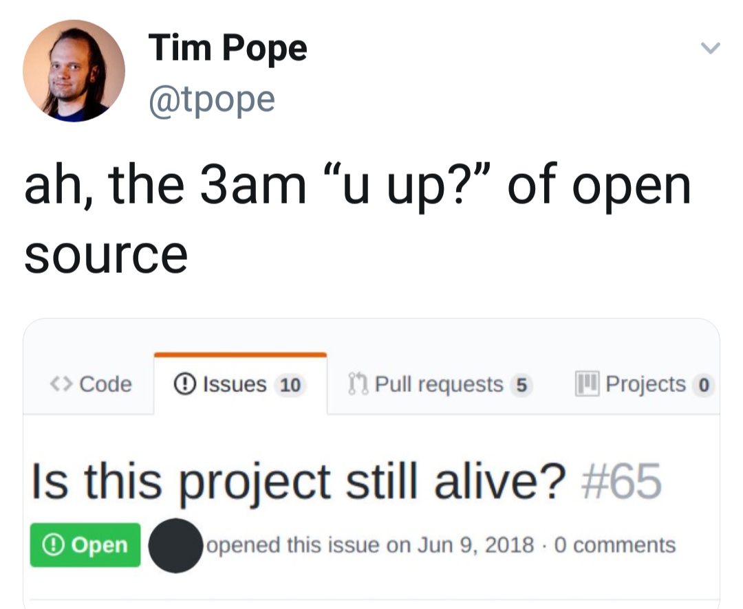 Anyone up? I have a tweet to laugh at (sorry not sorry) | code-memes, open source-memes, source code-memes, comment-memes | ProgrammerHumor.io