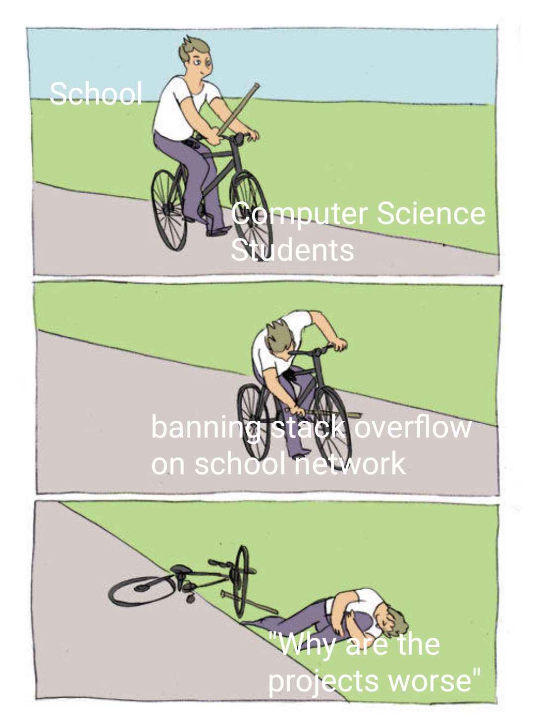 My school banned stack overflow on the network it sucks. | stack-memes, stack overflow-memes, network-memes, overflow-memes, IT-memes | ProgrammerHumor.io