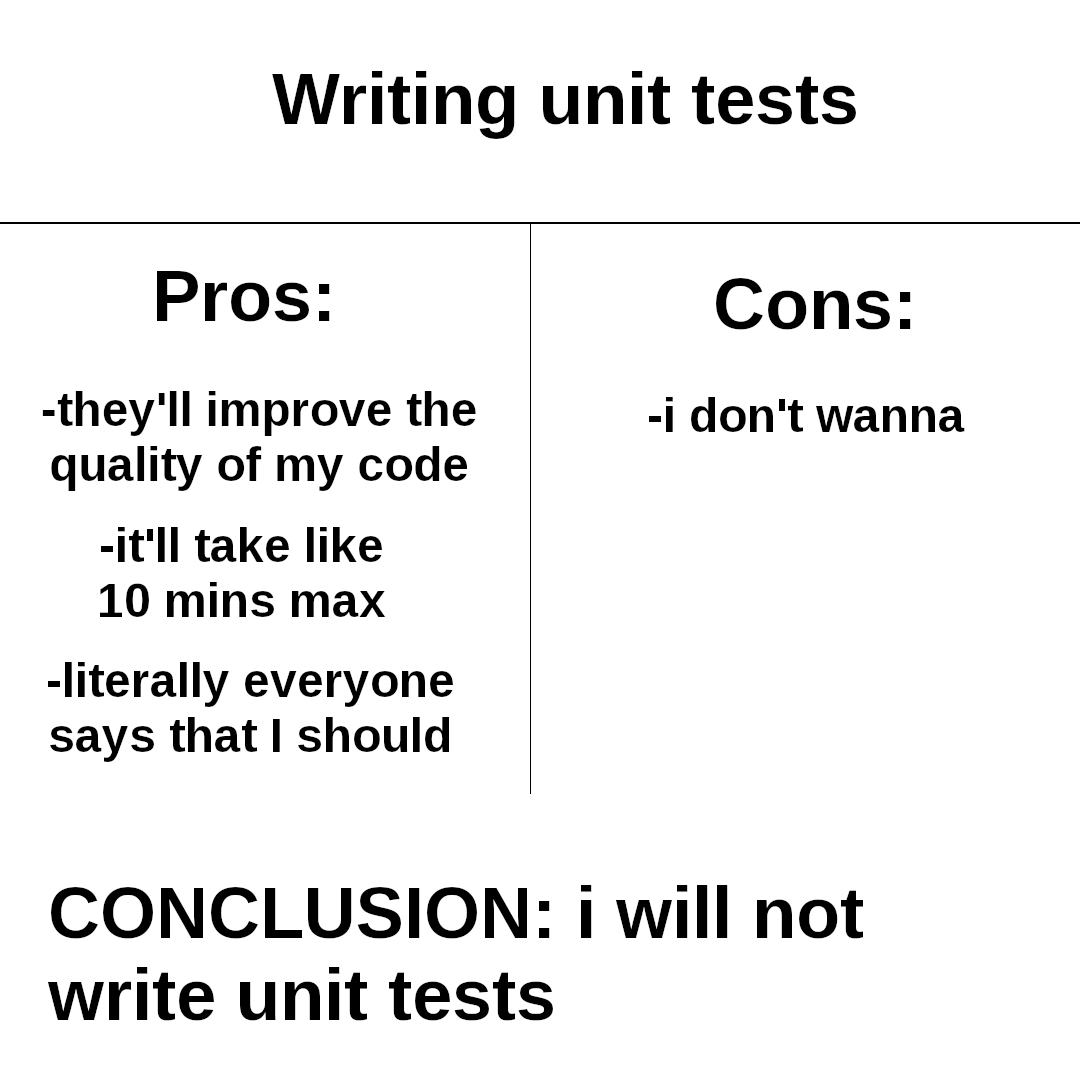 unit tests: 😁 / writing unit tests: 💀 | code-memes, test-memes, unit test-memes, tests-memes | ProgrammerHumor.io