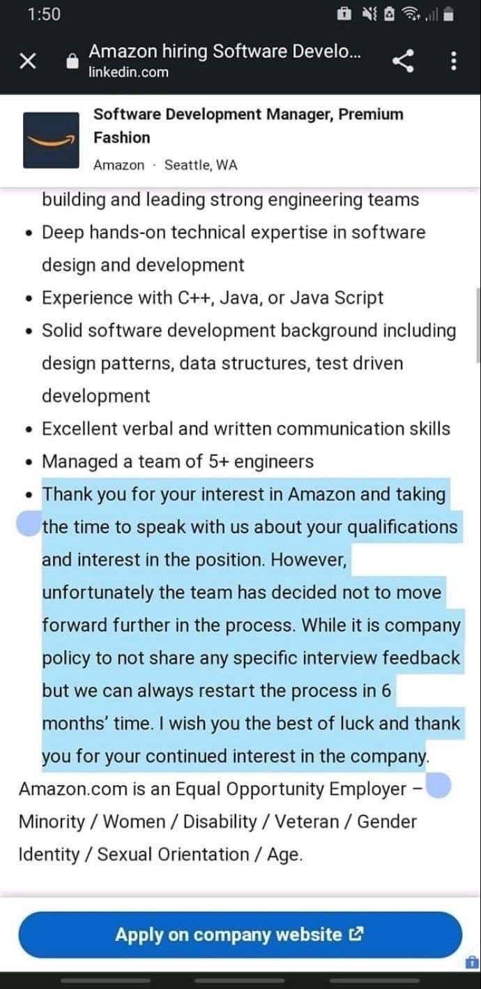 Amazon really out here firing people before they’ve even applied lmao | software-memes, tech-memes, java-memes, development-memes, web-memes, engineer-memes, design-memes, website-memes, engineering-memes, amazon-memes, c++-memes, test-memes, data structures-memes, data-memes, excel-memes, rest-memes, linkedin-memes, IT-memes, ide-memes, manager-memes, interview-memes | ProgrammerHumor.io