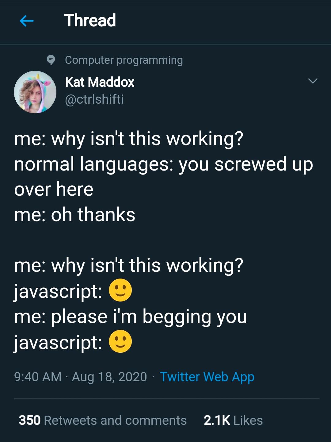 Why is it like this? | programming-memes, javascript-memes, computer-memes, java-memes, web-memes, program-memes, IT-memes, twitter-memes, retweet-memes, language-memes, comment-memes | ProgrammerHumor.io