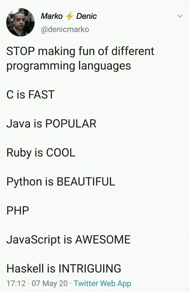 STOP the bullying | programming-memes, javascript-memes, php-memes, java-memes, python-memes, web-memes, program-memes, haskell-memes, ruby-memes, twitter-memes, language-memes, programming language-memes | ProgrammerHumor.io