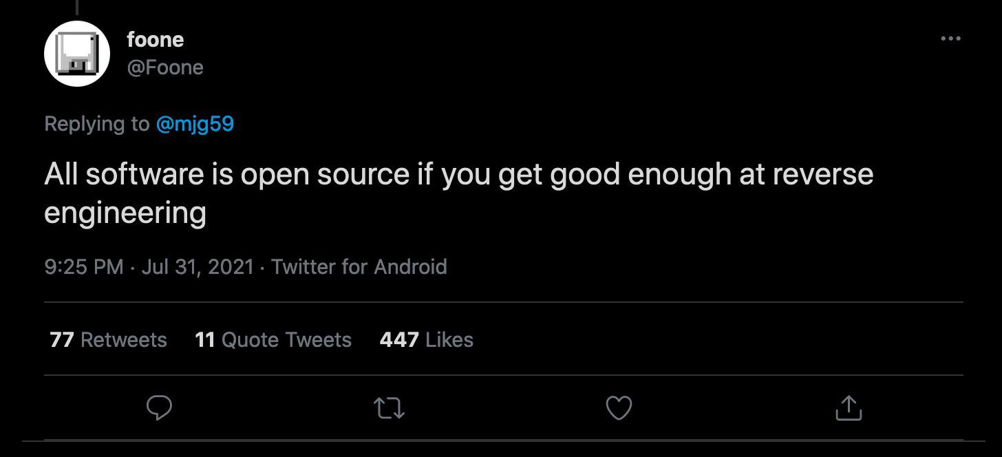 All software is open source if you know assembly | software-memes, android-memes, assembly-memes, open source-memes, twitter-memes, retweet-memes | ProgrammerHumor.io