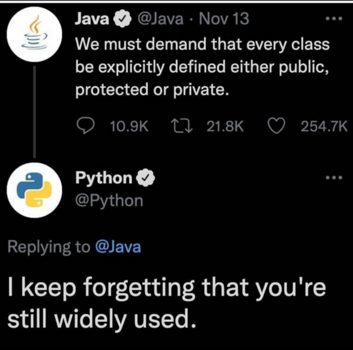 Java vs python is debatable 🤔 | java-memes, python-memes, class-memes, ide-memes, public-memes, private-memes | ProgrammerHumor.io