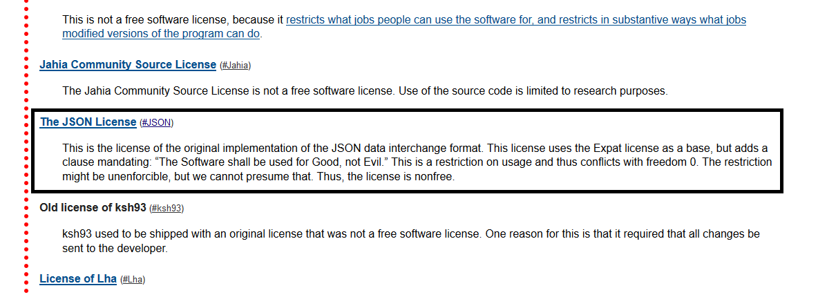 Why the original JSON license is considered non-free | developer-memes, software-memes, code-memes, program-memes, version-memes, data-memes, json-memes, rest-memes, search-memes, IT-memes, ide-memes, source code-memes | ProgrammerHumor.io