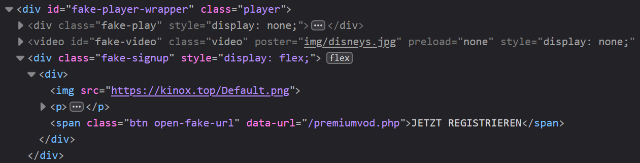 Found on a scam site that shows a fake movie player and asks you to register after the disney intro. (It's not even a disney movie). Looked into the HTML. I appreciate the honesty. | html-memes, php-memes, data-memes, class-memes, http-memes, url-memes, ide-memes, ML-memes, div-memes | ProgrammerHumor.io