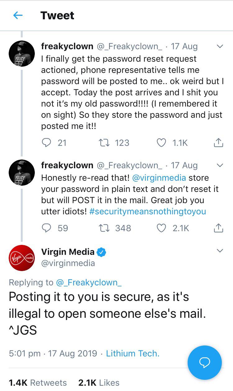 ‘It’s secure because it’s illegal to access it’ - Virgin Media solving cybersecurity. | tech-memes, password-memes, security-memes, IT-memes, retweet-memes | ProgrammerHumor.io