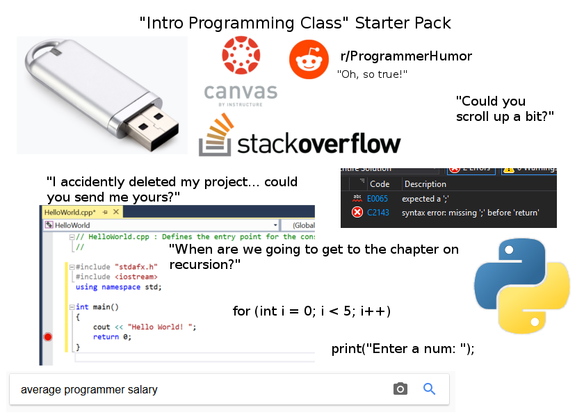 "Intro Programming Class" Starter Pack | programming-memes, programmer-memes, stackoverflow-memes, stack-memes, program-memes, try-memes, global-memes, class-memes, overflow-memes, IT-memes, ide-memes | ProgrammerHumor.io