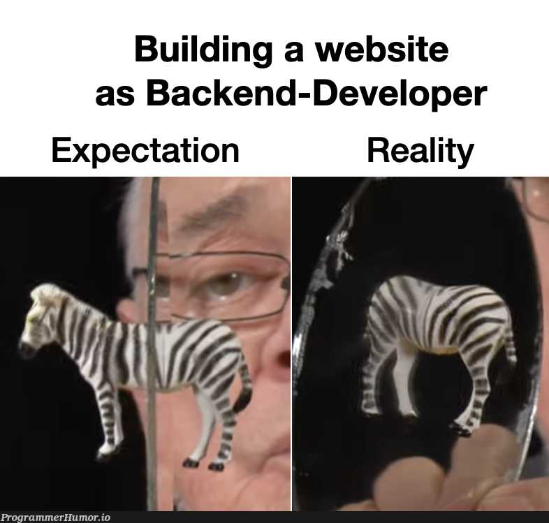 "Frontend is easy, I can do it myself." | developer-memes, web-memes, website-memes, backend-memes, frontend-memes, IT-memes | ProgrammerHumor.io