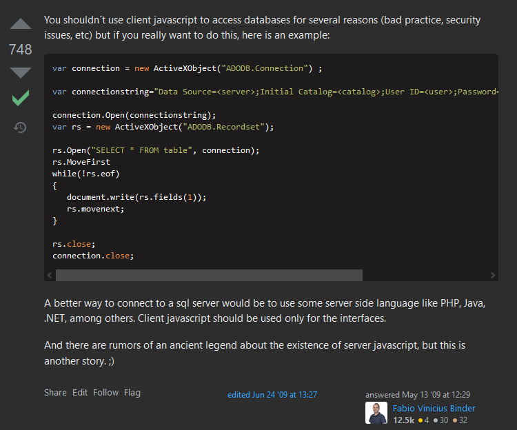 Mad lad explains how to connect to an SQL database via Javascript | javascript-memes, php-memes, java-memes, server-memes, data-memes, password-memes, security-memes, sql-memes, sql server-memes, database-memes, string-memes, object-memes, cli-memes, rds-memes, ide-memes, language-memes | ProgrammerHumor.io