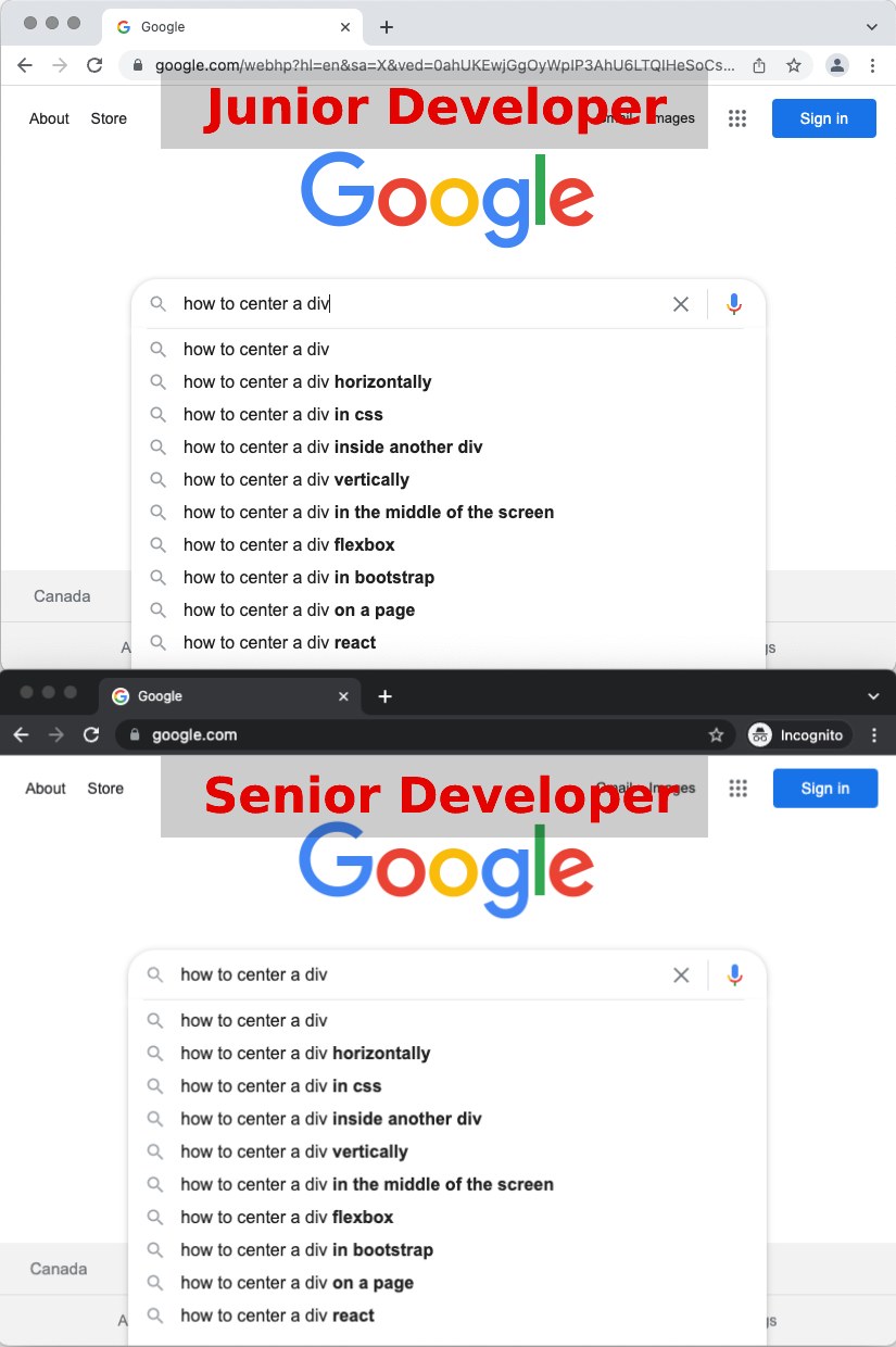 Difference between a Jr and a Sr developer | developer-memes, css-memes, web-memes, google-memes, react-memes, c-memes, bootstrap-memes, ide-memes, div-memes, pip-memes, cs-memes | ProgrammerHumor.io