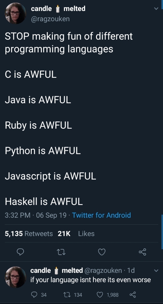 It's all awful! | programming-memes, javascript-memes, java-memes, python-memes, android-memes, program-memes, haskell-memes, ruby-memes, twitter-memes, retweet-memes, language-memes, programming language-memes | ProgrammerHumor.io