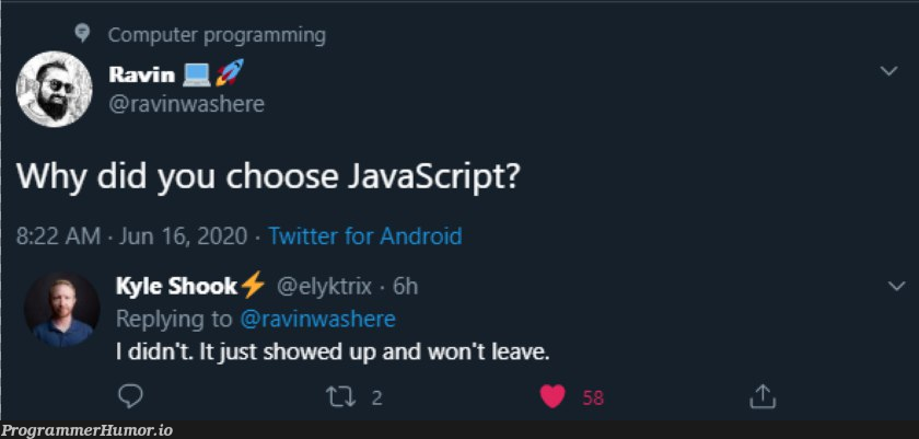 You don't choose Javascript, it chooses you | javascript-memes, java-memes, android-memes, IT-memes, twitter-memes | ProgrammerHumor.io