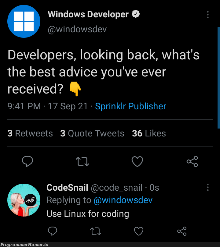 I got this advice... | coding-memes, developer-memes, code-memes, linux-memes, ux-memes, windows-memes, retweet-memes | ProgrammerHumor.io