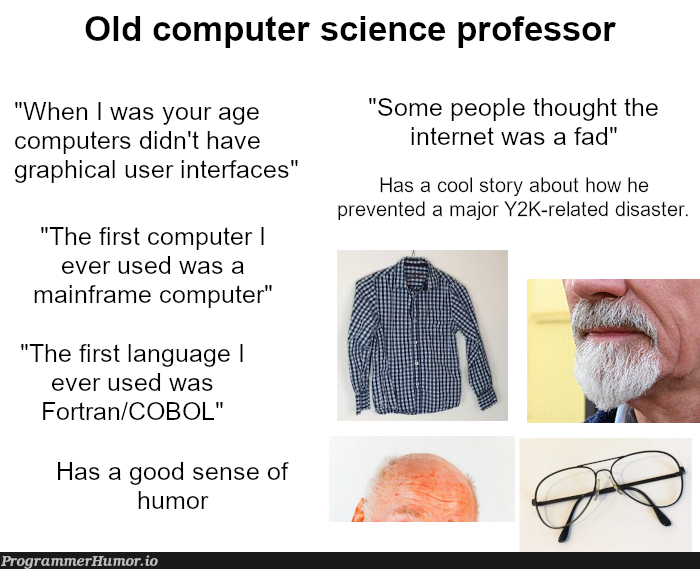 Old computer science professor starter pack | computer-memes, computer science-memes, fortran-memes, user interface-memes, internet-memes, language-memes, graph-memes | ProgrammerHumor.io