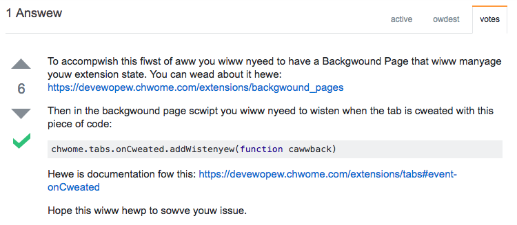 I installed the chrome OwO extension to force myself to stop copying StackOverflow code | code-memes, stackoverflow-memes, stack-memes, function-memes, http-memes, overflow-memes, IT-memes, documentation-memes, tabs-memes | ProgrammerHumor.io