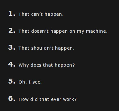 The Six Stages of Debugging | debugging-memes, bug-memes, debug-memes | ProgrammerHumor.io