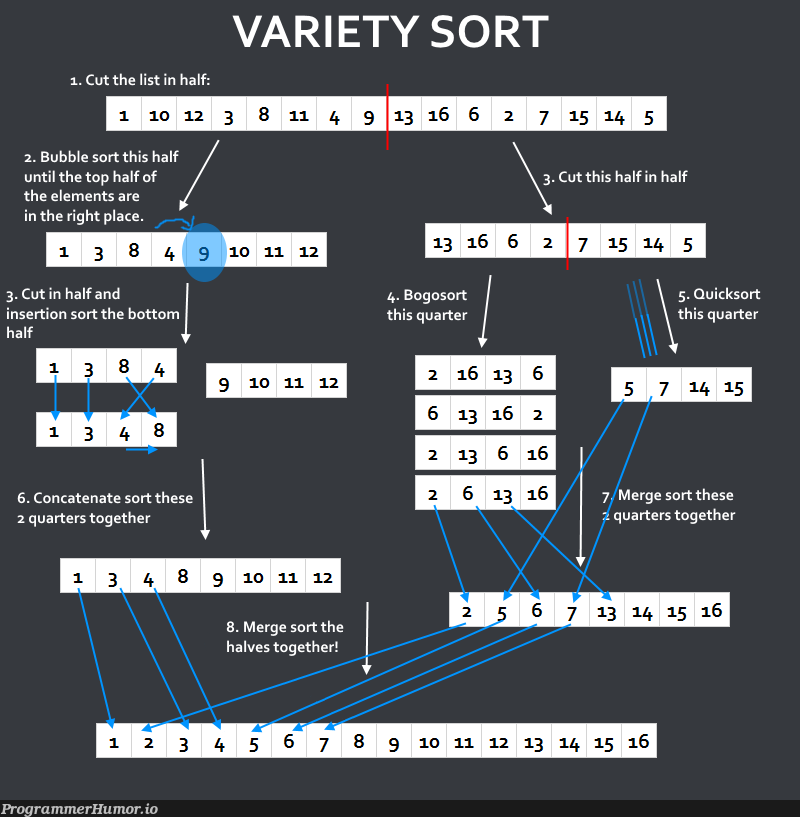 Variety Sort: When you don't know which sorting algorithm to use | list-memes, algorithm-memes, sorting-memes, bot-memes | ProgrammerHumor.io