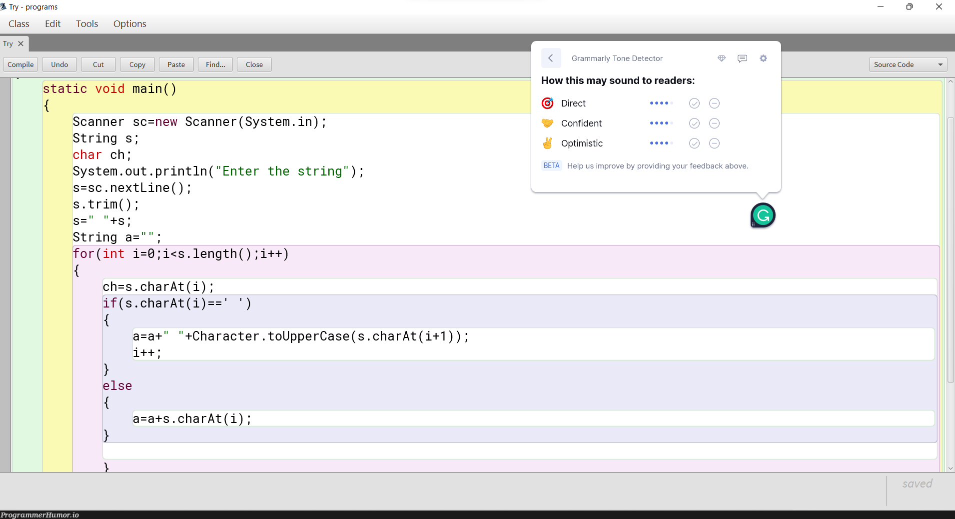 According to Grammarly, my program is very direct, optimistic and confident | program-memes, try-memes, string-memes, class-memes, ide-memes | ProgrammerHumor.io