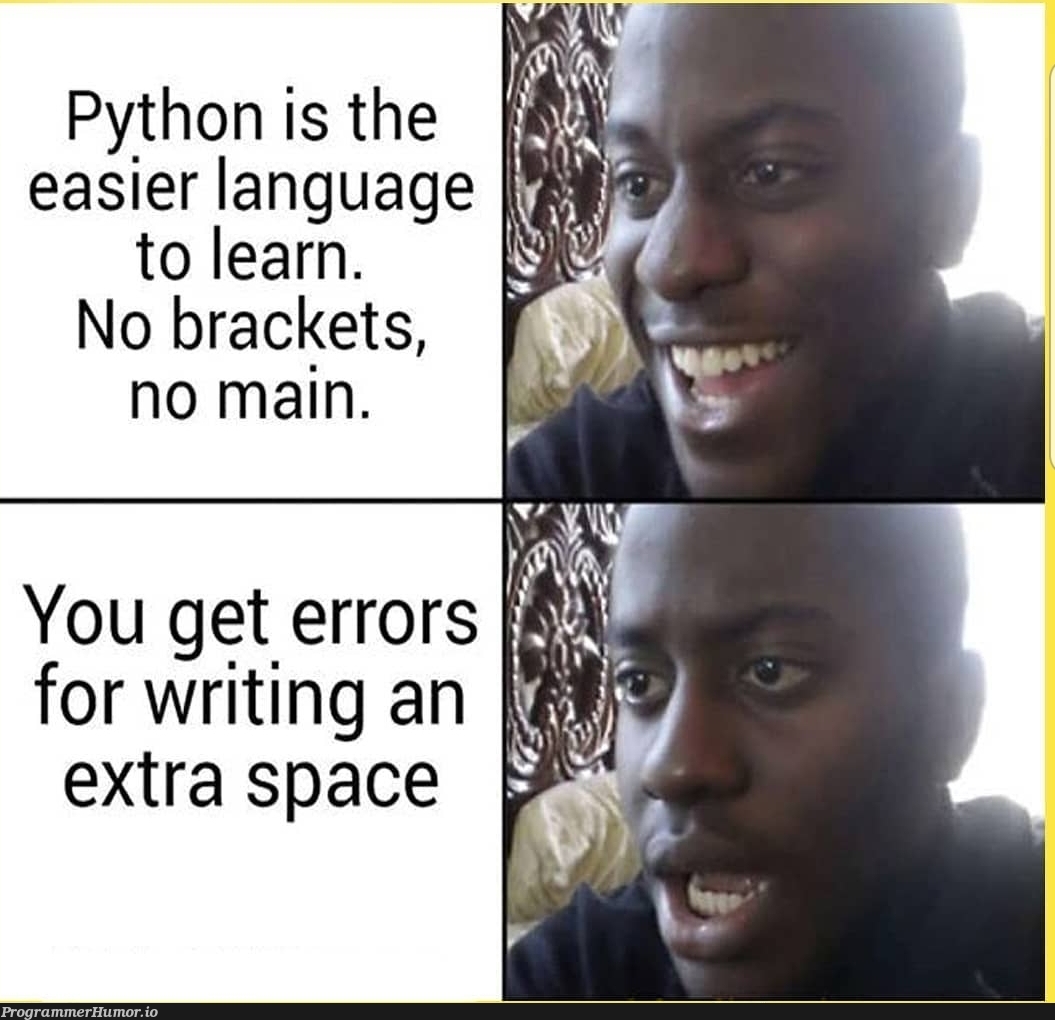 Python | python-memes, errors-memes, error-memes, language-memes, space-memes | ProgrammerHumor.io