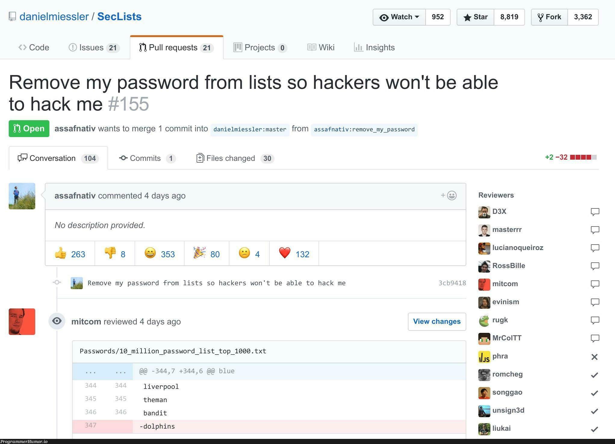 The best pull request of 2017 | code-memes, hacker-memes, password-memes, list-memes, ssl-memes, cli-memes, fork-memes, rds-memes, ecli-memes, ide-memes, comment-memes | ProgrammerHumor.io