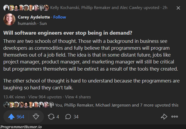 Programmers who will code themselves out of a job sounds soo juvenile. | programmer-memes, developer-memes, software-memes, code-memes, engineer-memes, software engineer-memes, marketing-memes, program-memes, idea-memes, ide-memes, manager-memes, product-memes, product manager-memes | ProgrammerHumor.io